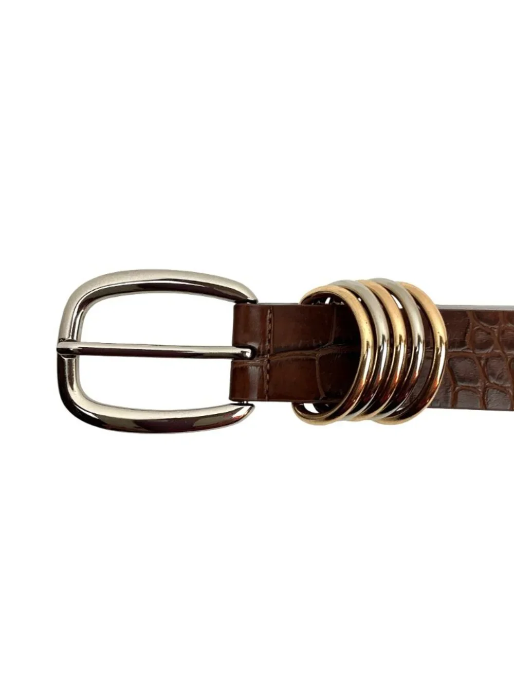 Randa Faux Croc Leather Belt With Gold & Silver Keeper Rings Women’s 32 Brown